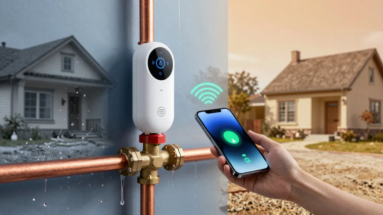 Intelligenter Wassersensor schließt Ventil, vergleicht Schaden und Prävention.