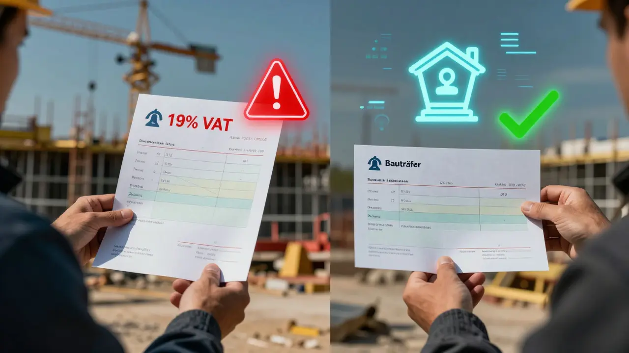 Kontrast: Falsche Rechnung mit Mehrwertsteuer (rot) vs. korrekte Reverse-Charge-Rechnung (grün).