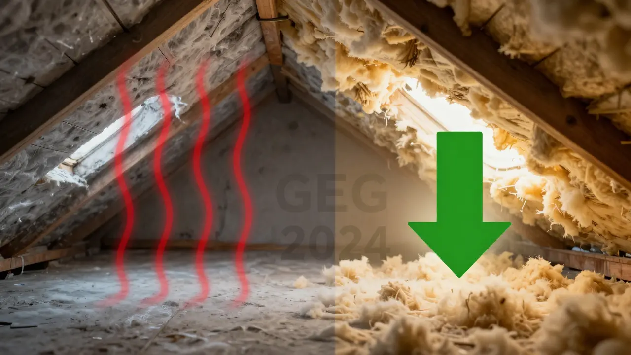 Konzeptuelles Bild: kalter, undichter Dachboden links, warmer, gut gedämmter Dachboden rechts.