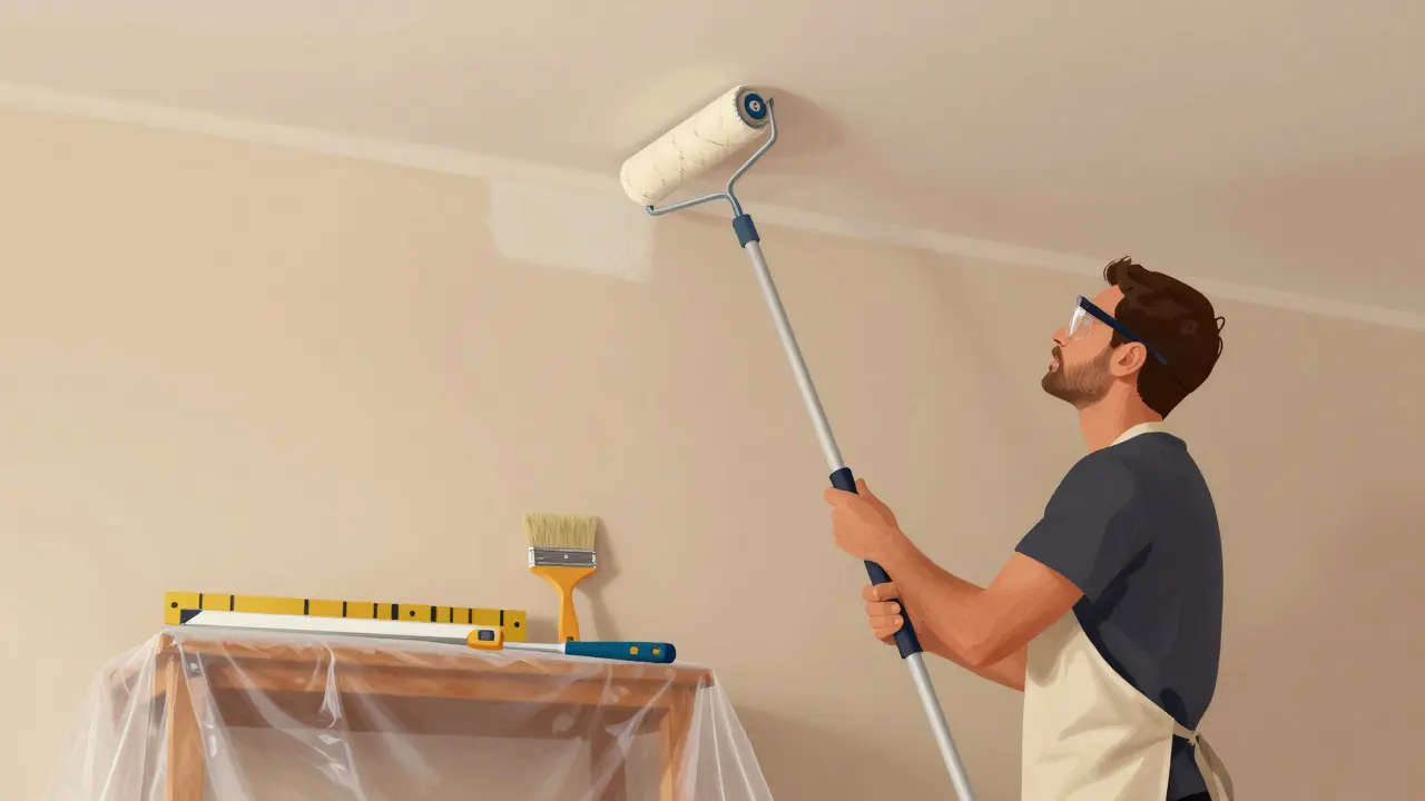 Mensch streicht mit Teleskoprolle die Decke eines Zimmers, Abdeckplane schützt Möbel.