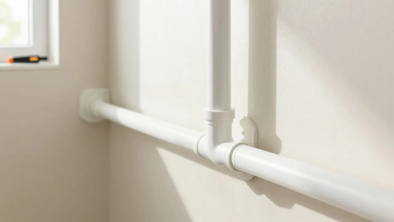 Modern installierte weiße PE-Wasserrohre an heller Wand nach Sanierungsarbeiten.