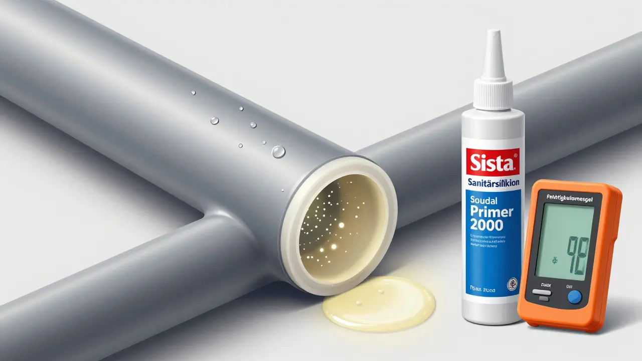 Neu verfugte Dichtung mit wassertropfender Oberfläche und antimykotischem Silikon, neben Produkten für Dauerhaftigkeit.