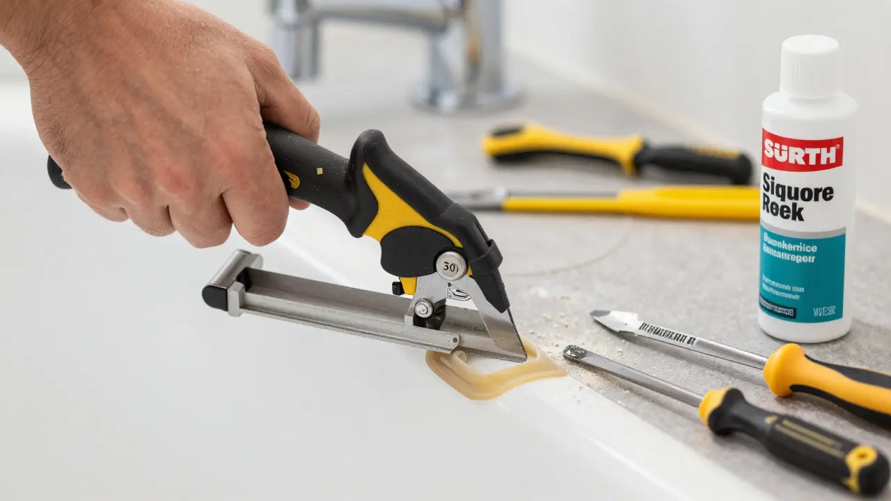 Person entfernt altes Silikon mit Cuttermesser und Fugenkratzer in einem Badezimmer, Werkzeuge auf der Theke.