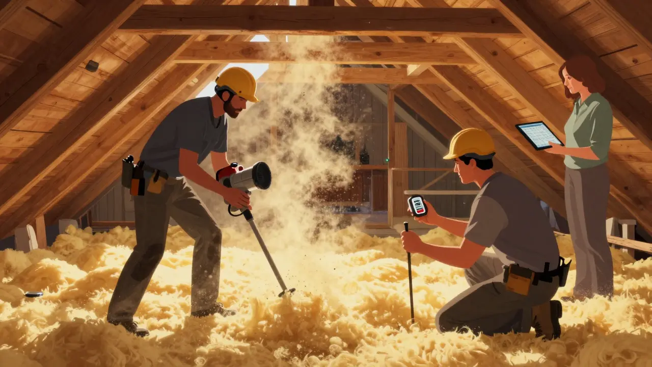 Professionelle Dämmarbeiter blasen Zellulose in einen alten Dachboden, Energieberater beobachtet.