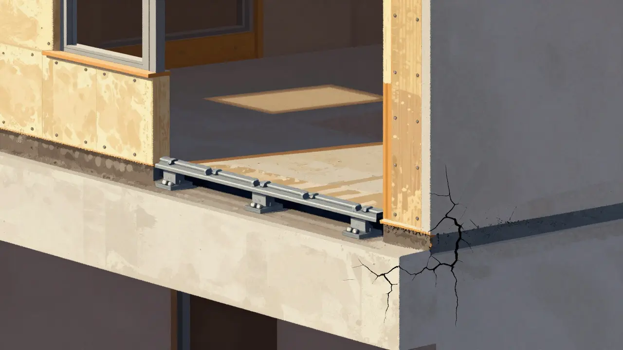 Querschnitt einer Fassade mit korrekt montierten Schienen und Dichtmasse am Sockel.