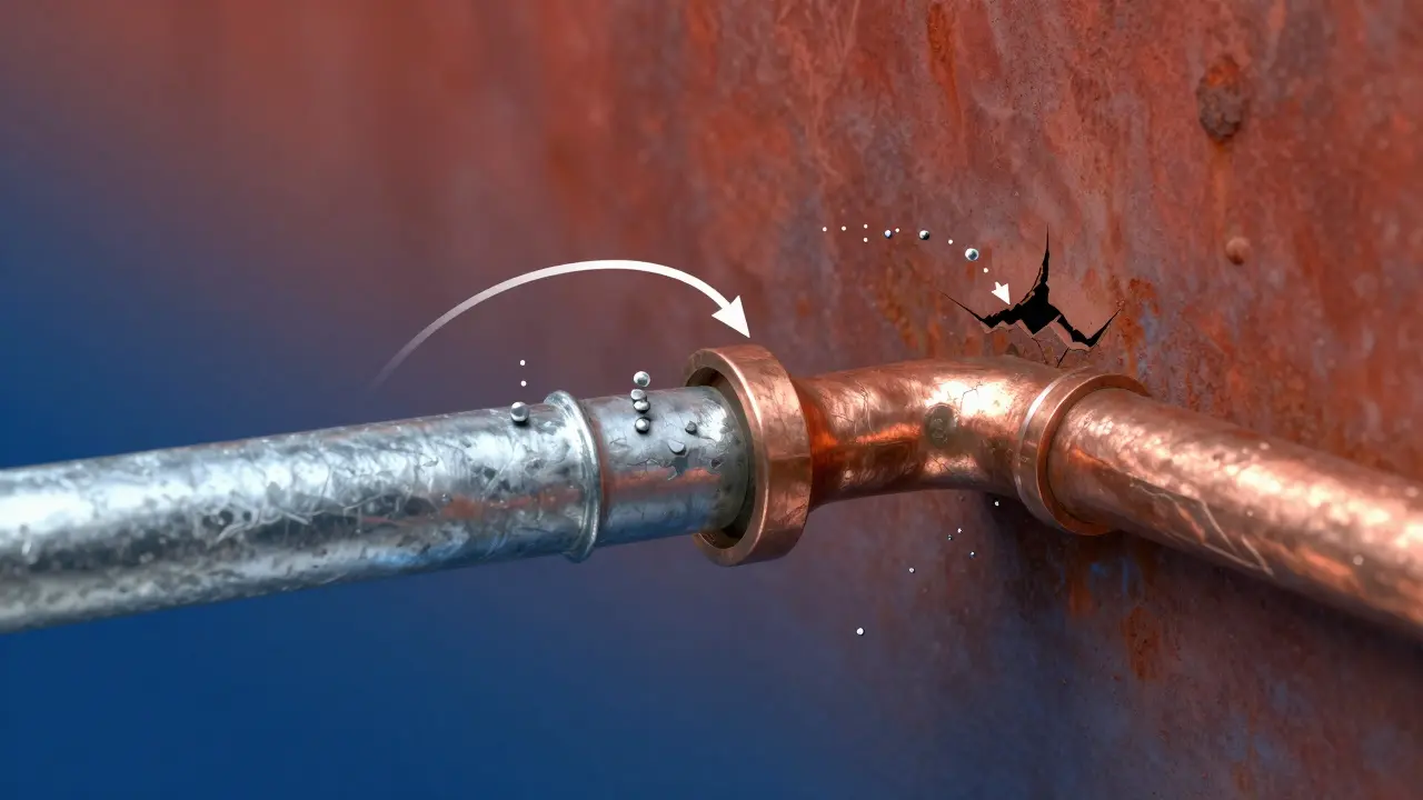 Querschnitt einer Wasserleitung mit galvanischer Korrosion: Kupferrohr verbunden mit rostendem Stahlrohr, Elektronenfluss und Metallauflösung sichtbar.
