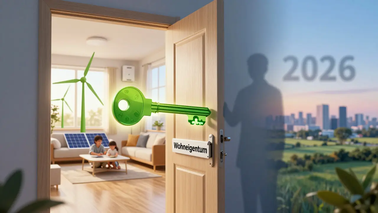 Schlüssel aus Energie-Symbolen öffnet Tür zu einem nachhaltigen Zuhause.