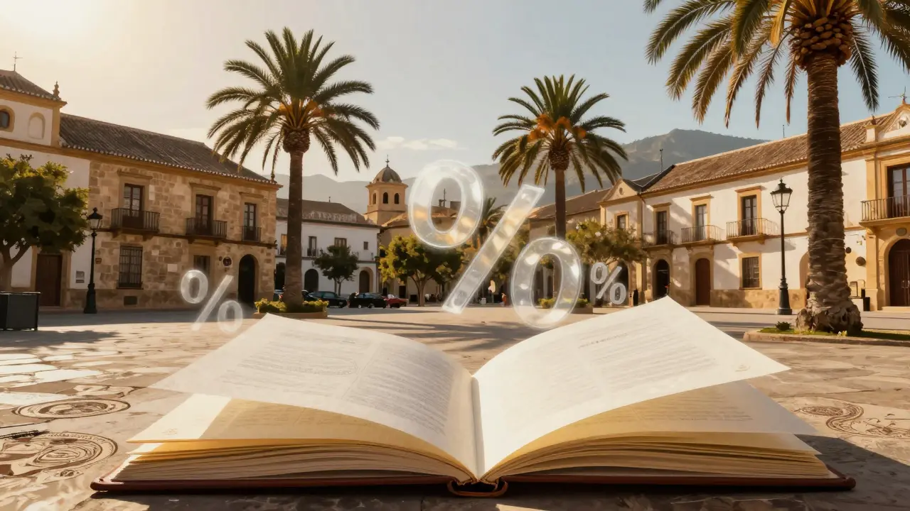 Spanische Plaza mit Dokumenten und schwebenden Prozentsymbolen