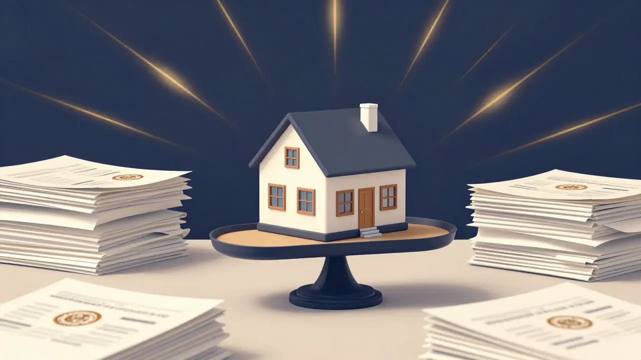 Symbolische Waage mit Modellhaus und ordentlichen Aktenstapeln.