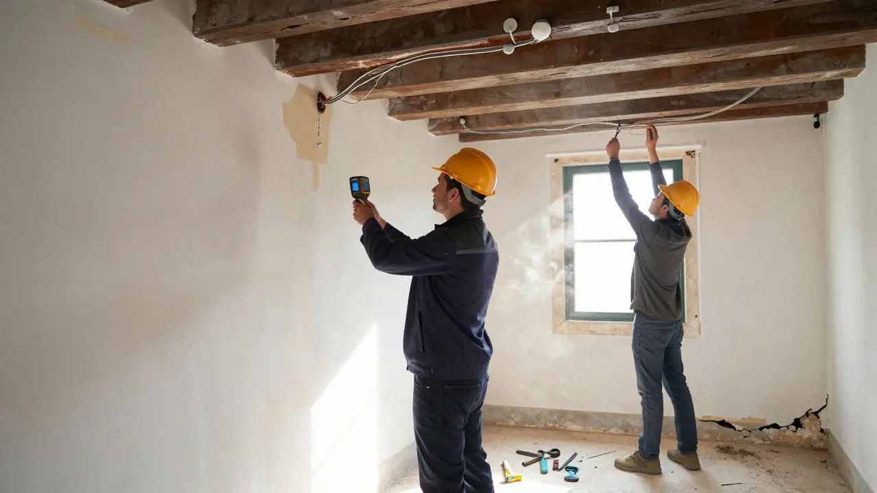 Technischer Gutachter untersucht Feuchtigkeitsschäden und veraltete Elektroanlagen in einem portugiesischen Haus.