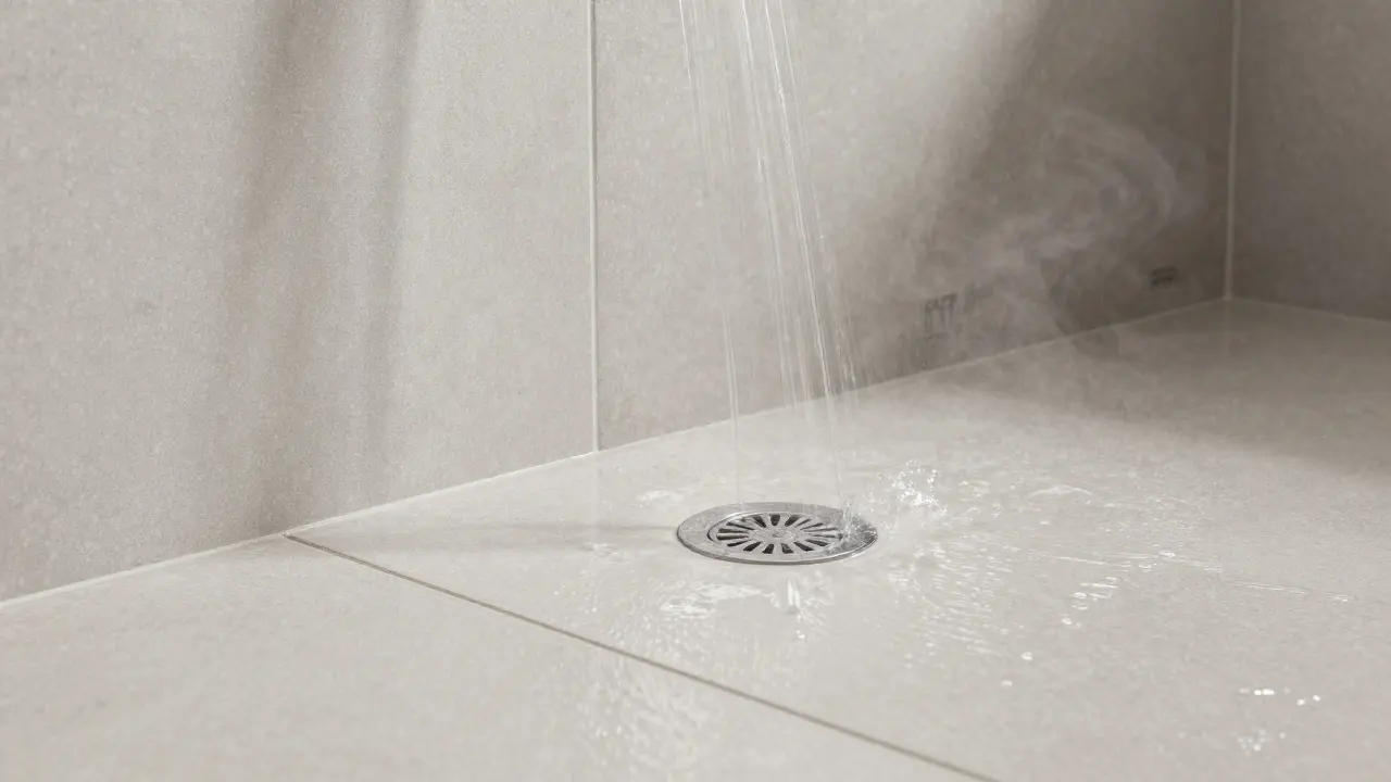 Texturierte, rutschfeste Feinsteinzeugfliesen im Nassbereich eines Badezimmers mit fließendem Wasser.