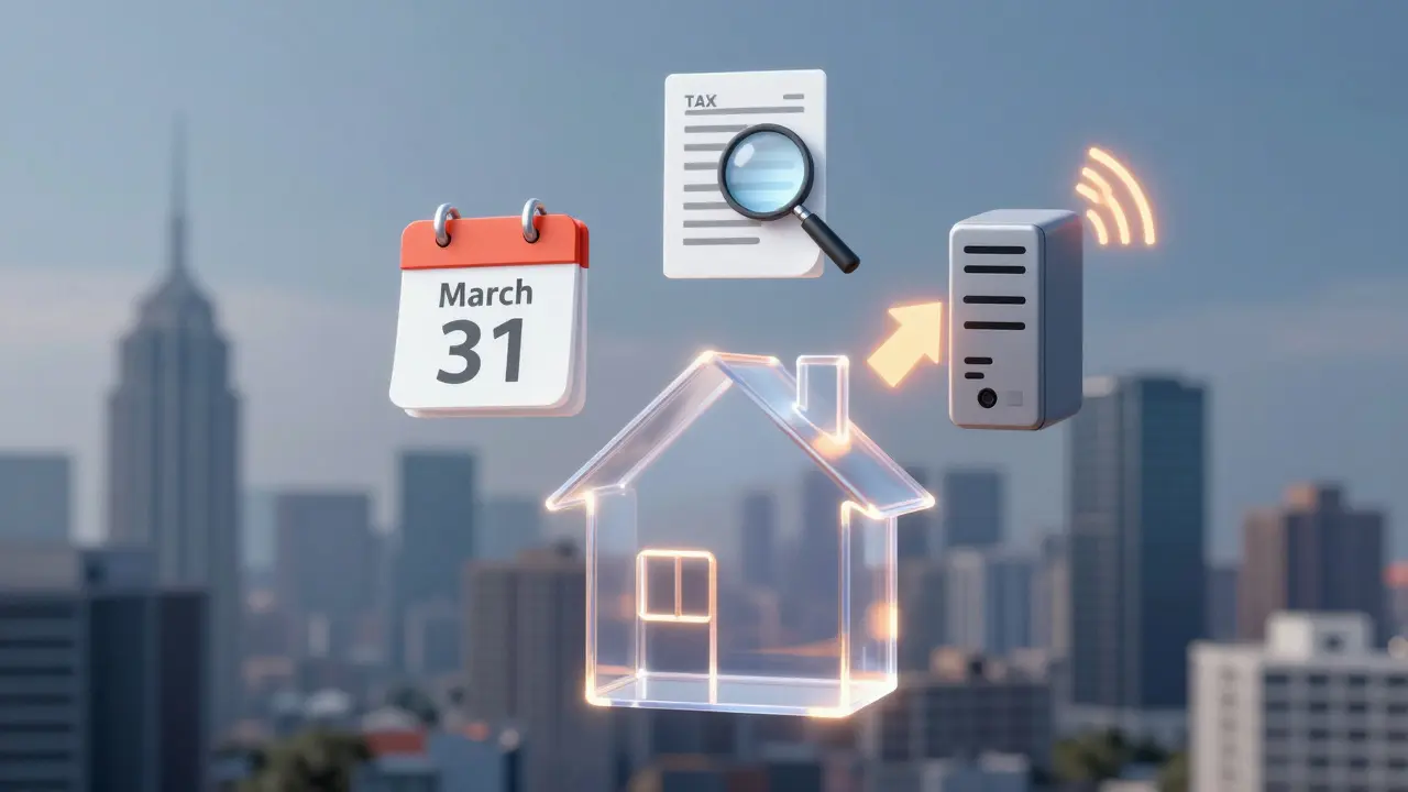 Transparentes Haus mit digitalen Melde- und Steuer-Symbolen, symbolisiert 2026-Berichtspflichten.