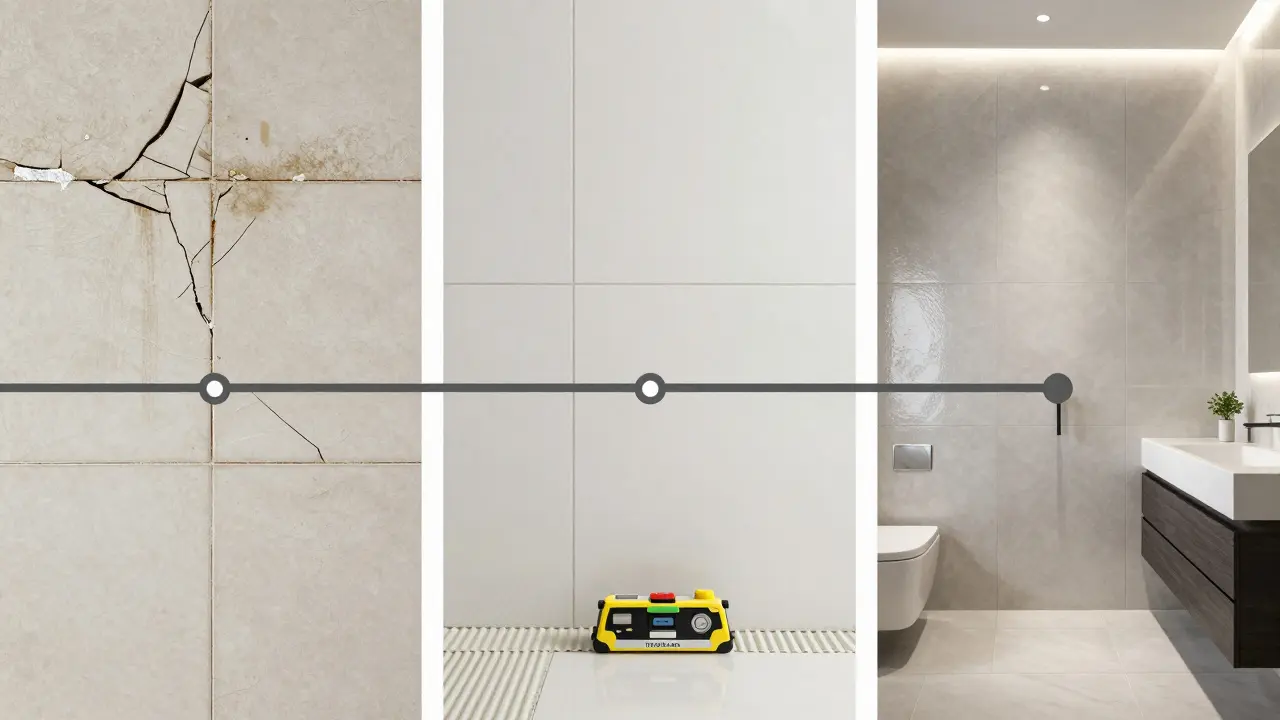 Vergleich: alte, beschädigte Fliesen links, professionelle Verlegung mit Großformat-Fliesen rechts.