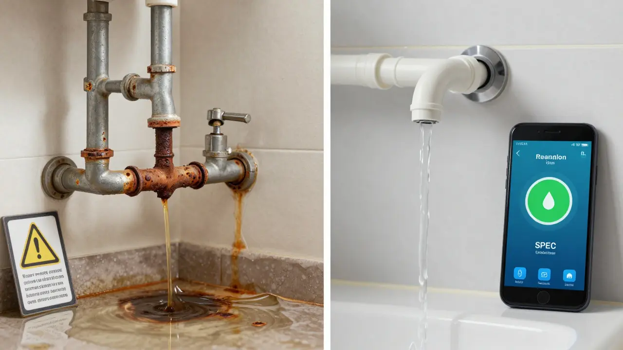 Vergleich: alte korrodierte Metallrohre mit Leckagen vs. moderne PEX-Kunststoffrohre mit Sensorwarnung.
