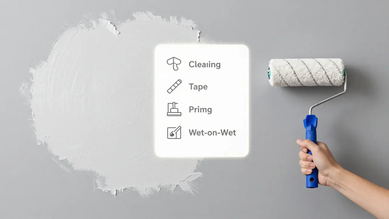 Vergleich: schlecht gestrichene Wand links, perfekt gestrichene Wand rechts mit sichtbaren Arbeitsschritten.