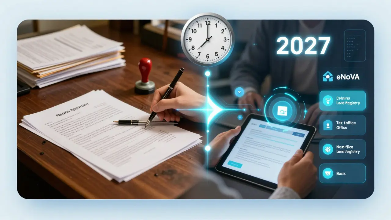 Vergleich: Traditioneller Notartermin mit Papier vs. digitaler Immobilienkauf mit Echtzeit-Datenaustausch.