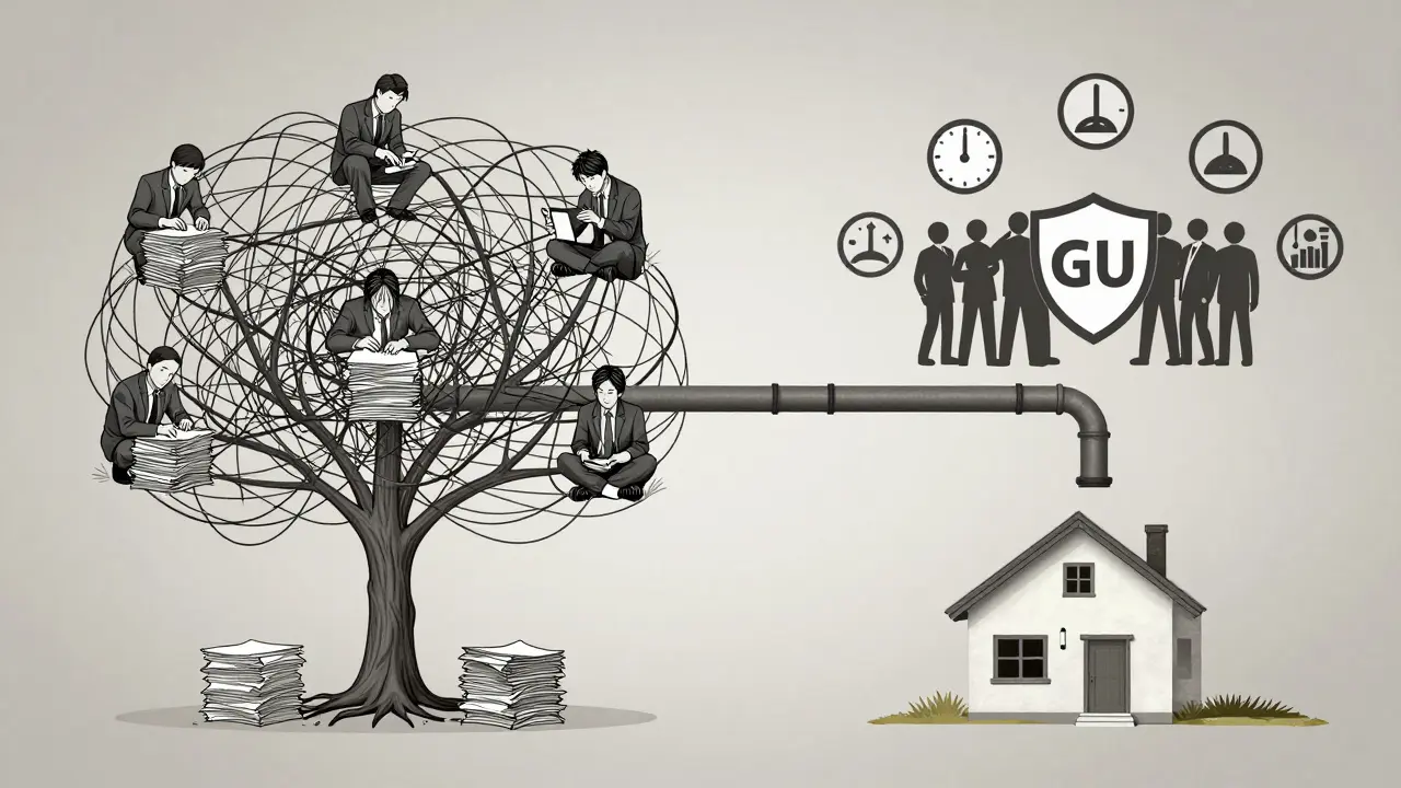 Vergleich von chaotischer Einzelvergabe und geordneter Generalunternehmer-Lösung.