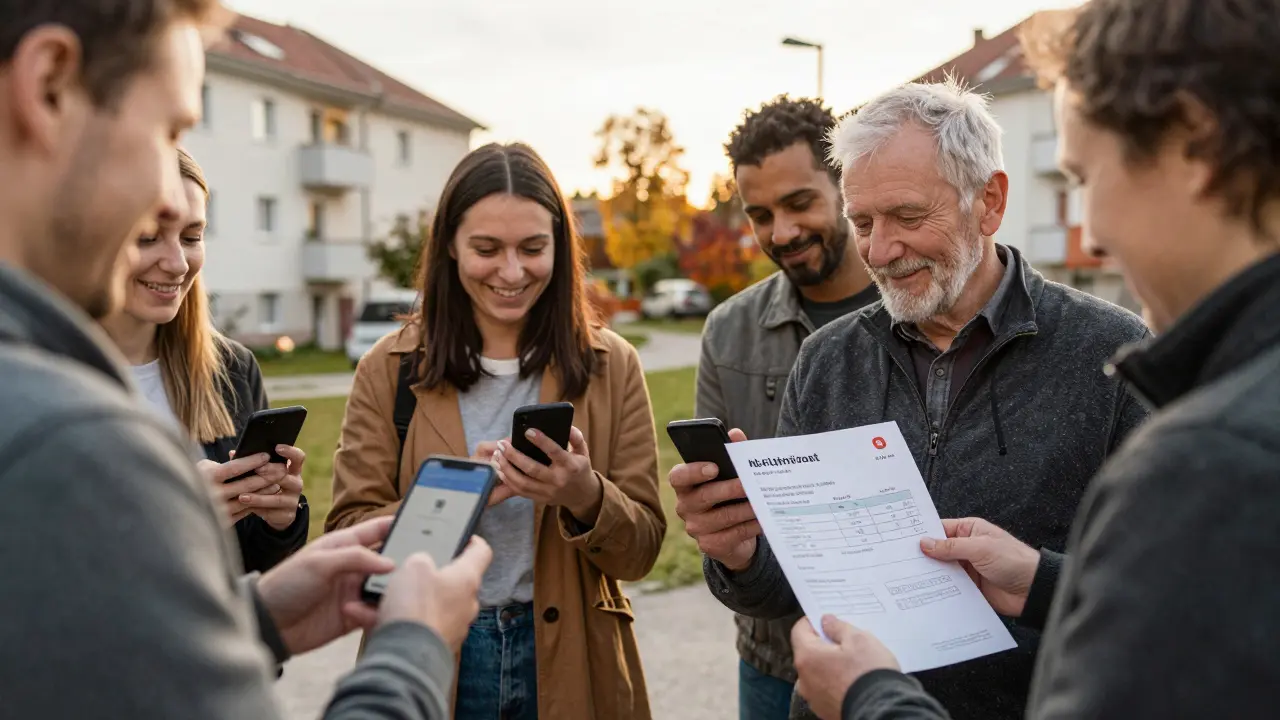 Verschiedene Mieter erhalten digitale Benachrichtigungen, während ein älterer Mieter eine gedruckte Abrechnung in der Hand hält.
