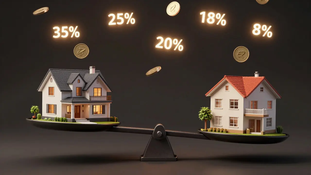 Waage mit Ferienhaus und Mietwohnung, verschiedene Steuersätze als Münzen schweben darüber.