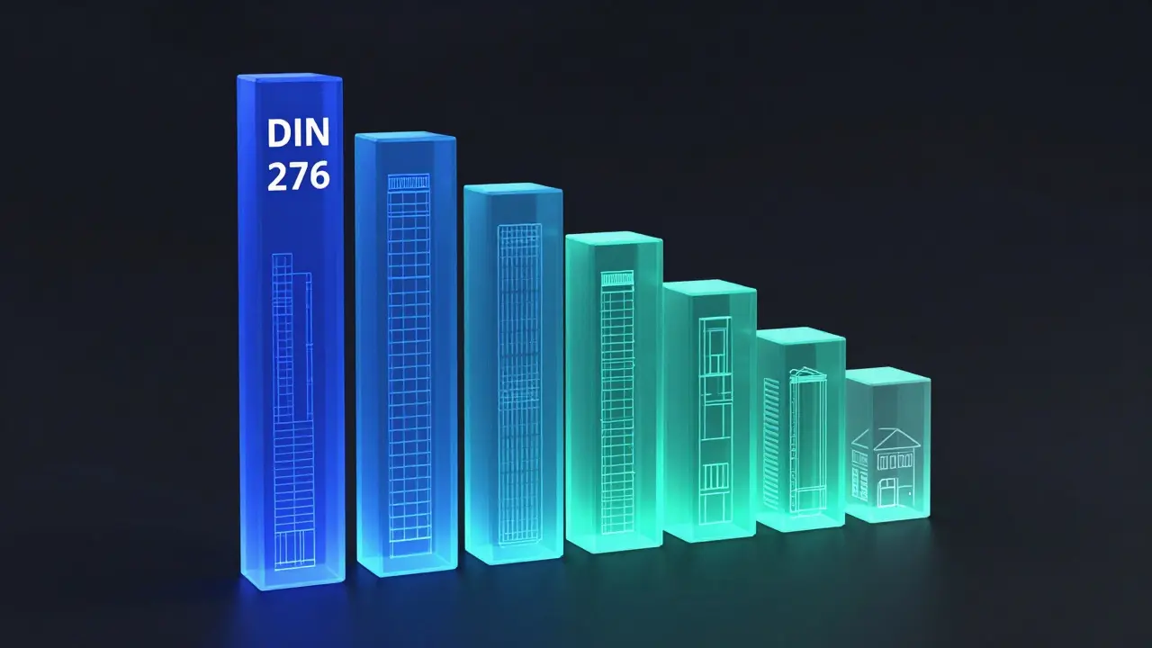 Abstrakte Darstellung der acht DIN 276 Kostengruppen als leuchtende Blöcke.