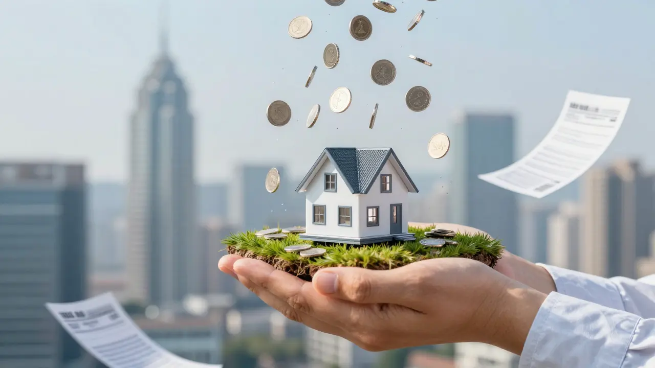 Architekturmodell eines Hauses über fallenden Silbermünzen als Symbol für Steuerersparnis.