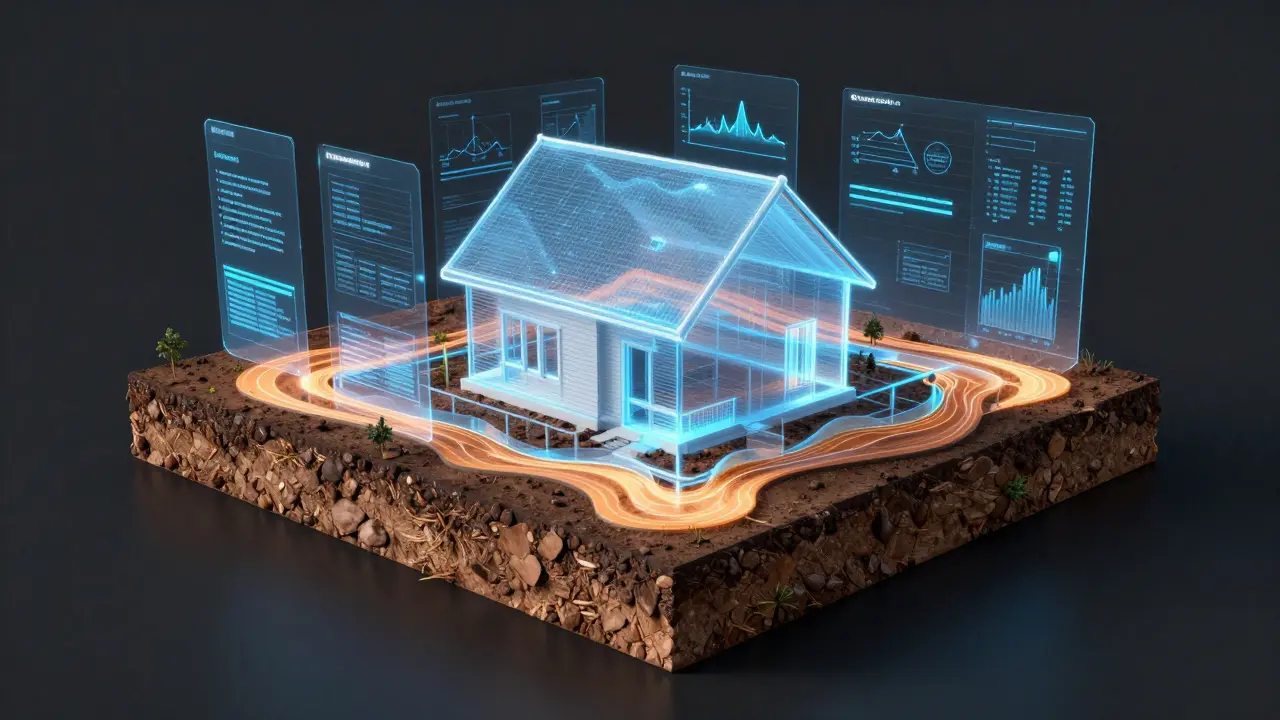 Digitale 3D-Visualisierung eines Hausfundaments mit Analyse der Bodenschichten.