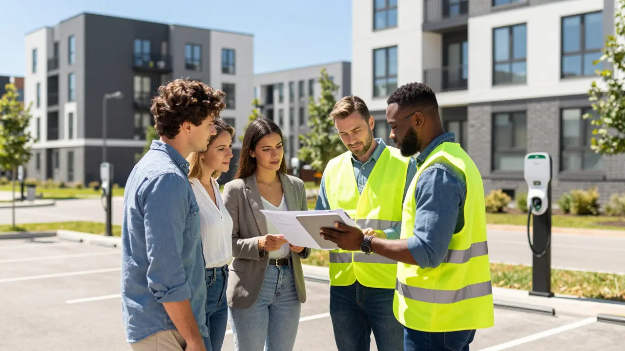 Eigentümer und Techniker planen Ladeinfrastruktur an einem Mehrfamilienhaus