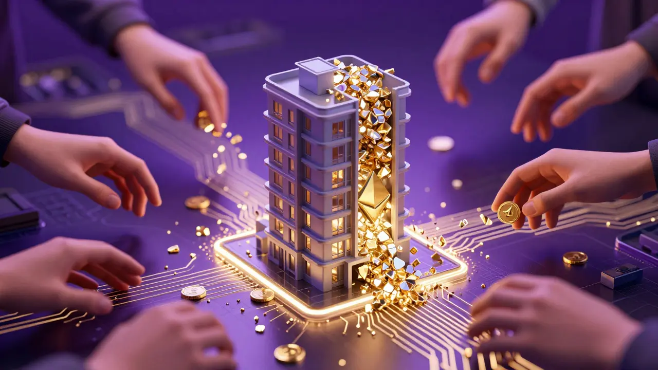 Ein Gebäude, das in kleine digitale Token zerlegt werden und über eine Blockchain fließen.