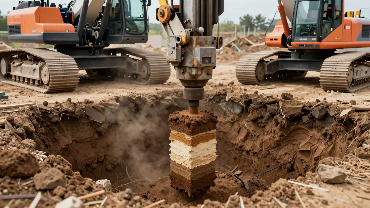 Ein geotechnisches Bohrgerät entnimmt eine Bodenprobe auf einem Grundstück.