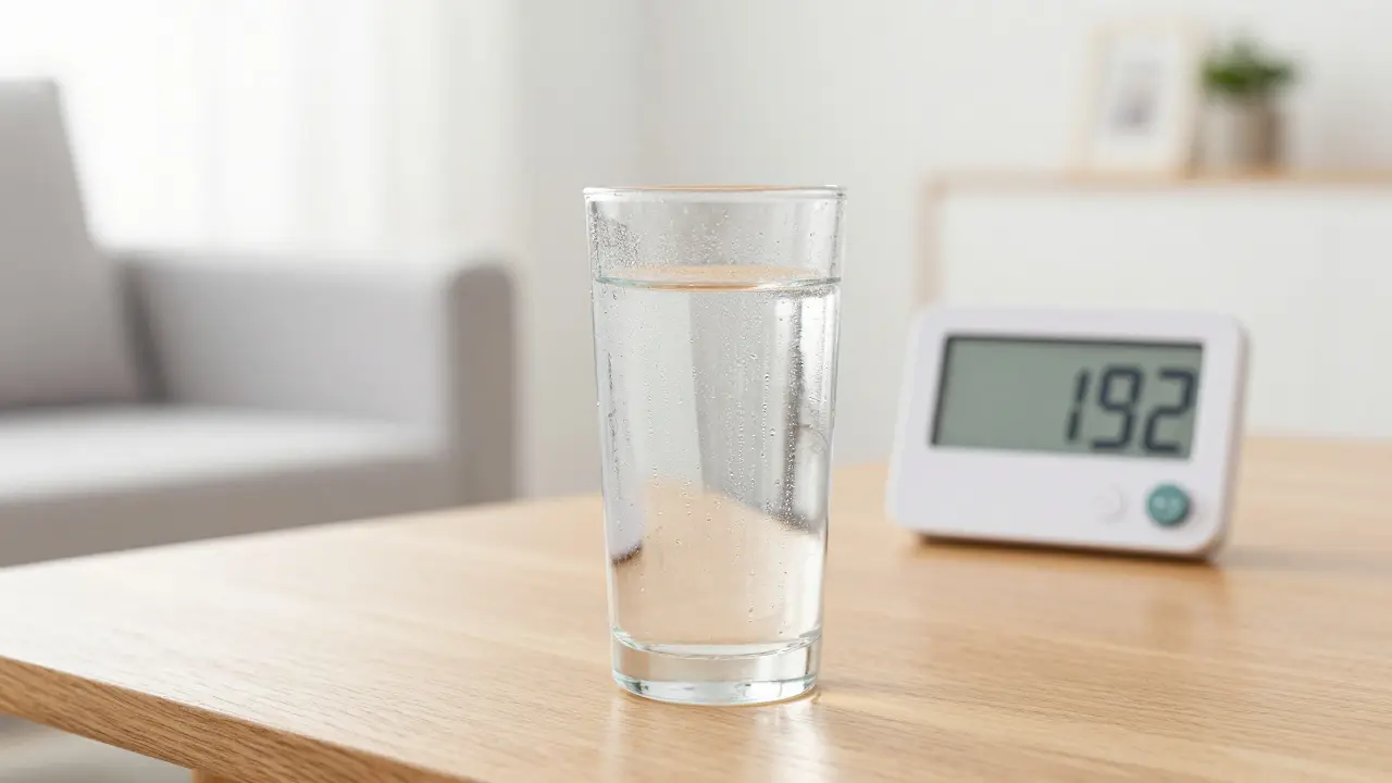 Ein Glas mit Wasser auf einem Tisch zur Messung der Luftfeuchtigkeit im Raum