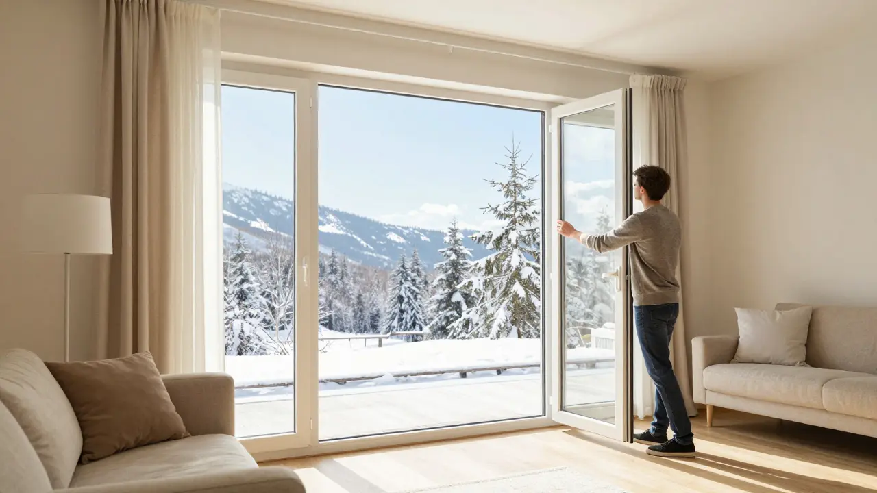 Ein weit geöffnetes Fenster in einem hellen Wohnzimmer beim Stoßlüften