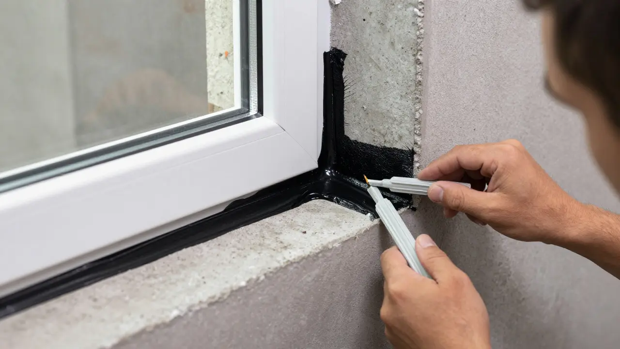 Einbau eines wasserdichten Kellerfensters mit spezieller schwarzer Abdichtungsmasse.