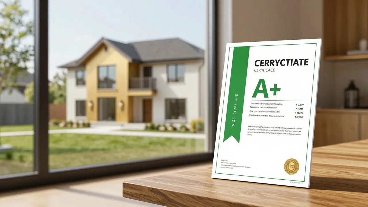 Energieausweis auf einem Tisch neben einem modernen, energieeffizienten Fenster.