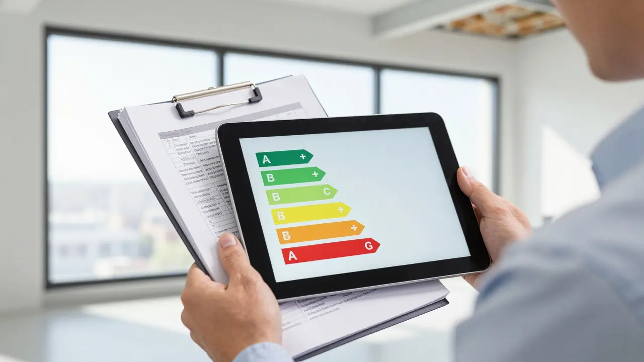 Energieberater prüft technische Unterlagen und Effizienzklassen auf einem Tablet.