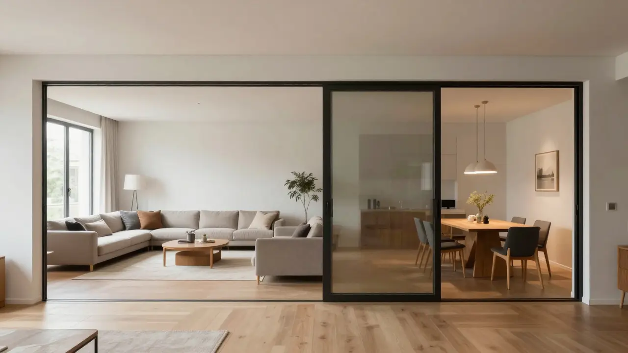 Flexible Raumtrennung durch Doppelschiebetüren in einem hellen Wohnbereich.