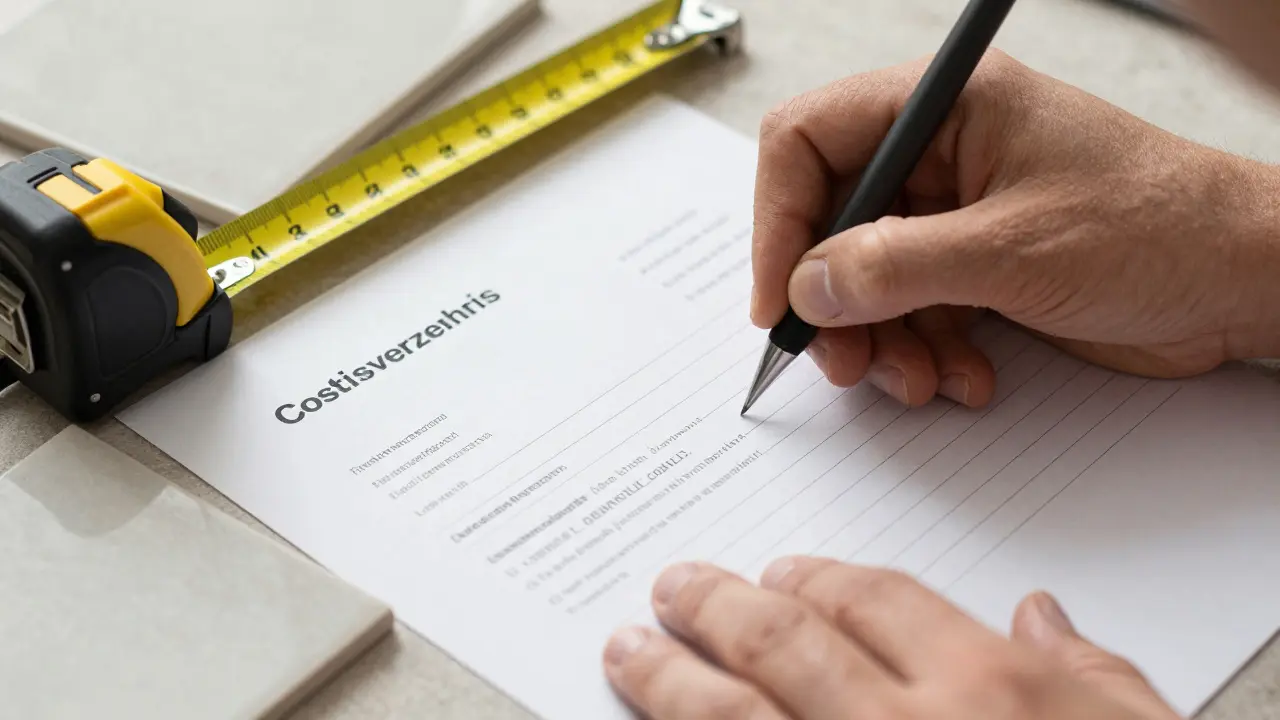 Handwerker erstellt einen detaillierten Kostenvoranschlag mit Fliesenmustern.