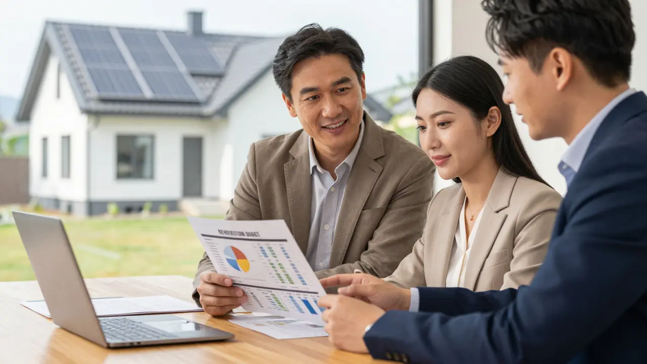 Hausbesitzer und Berater prüfen gemeinsam einen detaillierten Sanierungsplan.