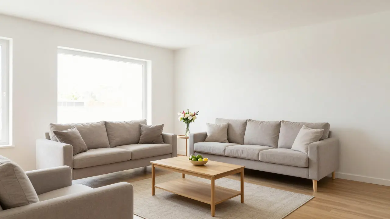 Helle, für den Verkauf vorbereitete Wohnzimmer-Innenansicht
