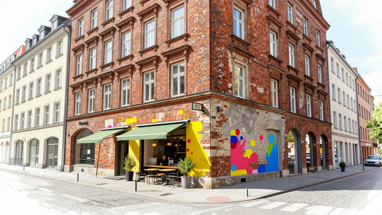 Illustration einer sanierter Altbau Straße mit einem modernen Café.