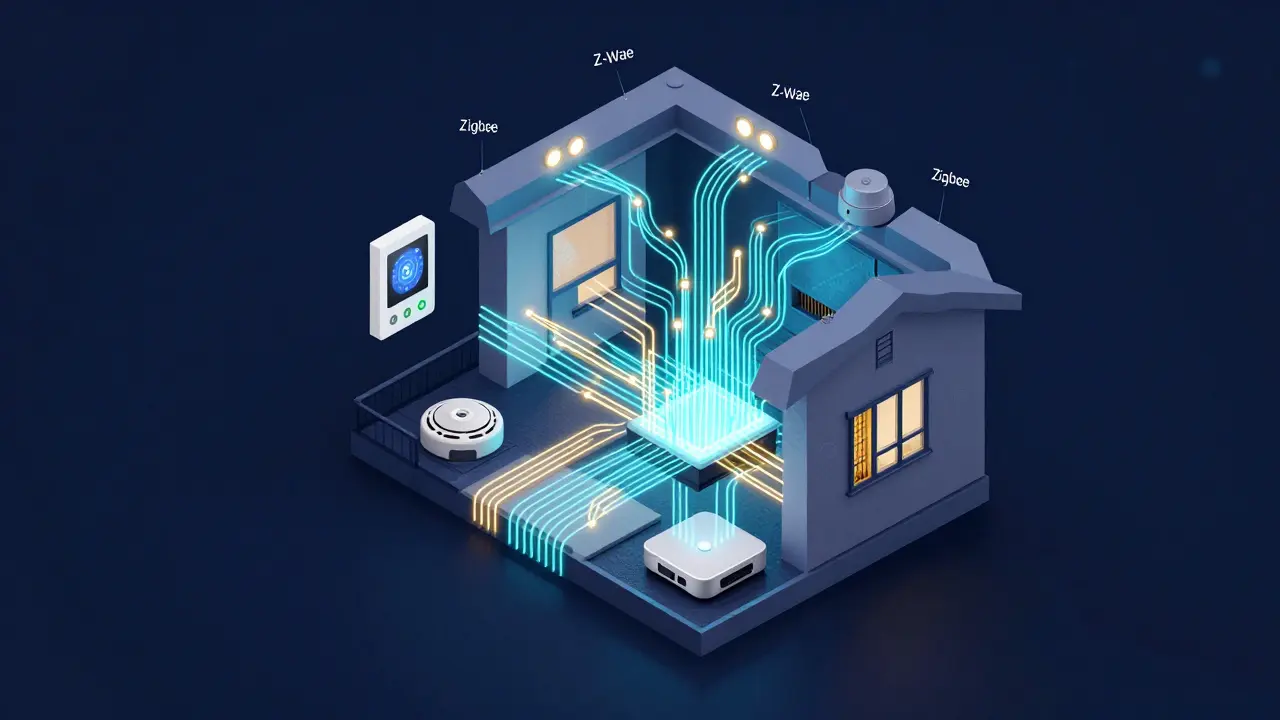 Isometrische Darstellung eines vernetzten Hauses mit leuchtenden Verbindungslinien zwischen Geräten.
