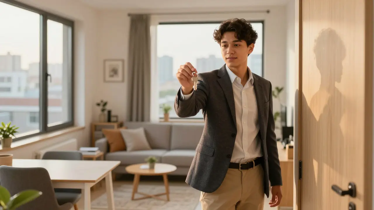 Junger Berufstätiger betritt ein modern möbliertes Mikroapartment.