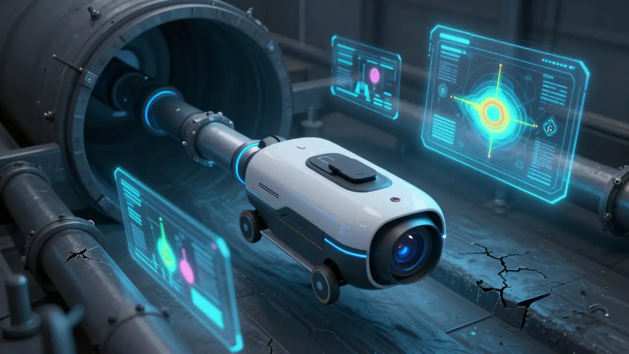 KI-gestützte Kanalinspektion mit einer Kamerafahrt und digitalen Fehleranalysen im Rohr.
