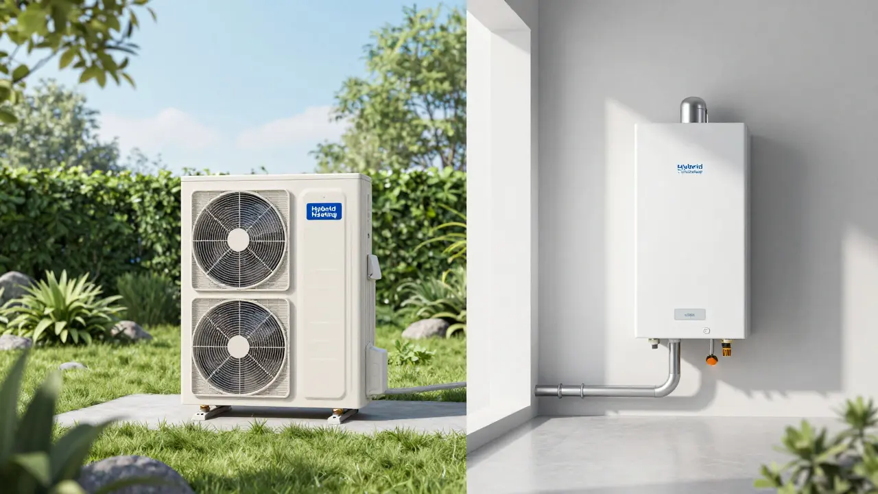 Kombination aus einer modernen Wärmepumpe im Außenbereich und einem Brennwertkessel im Haus.