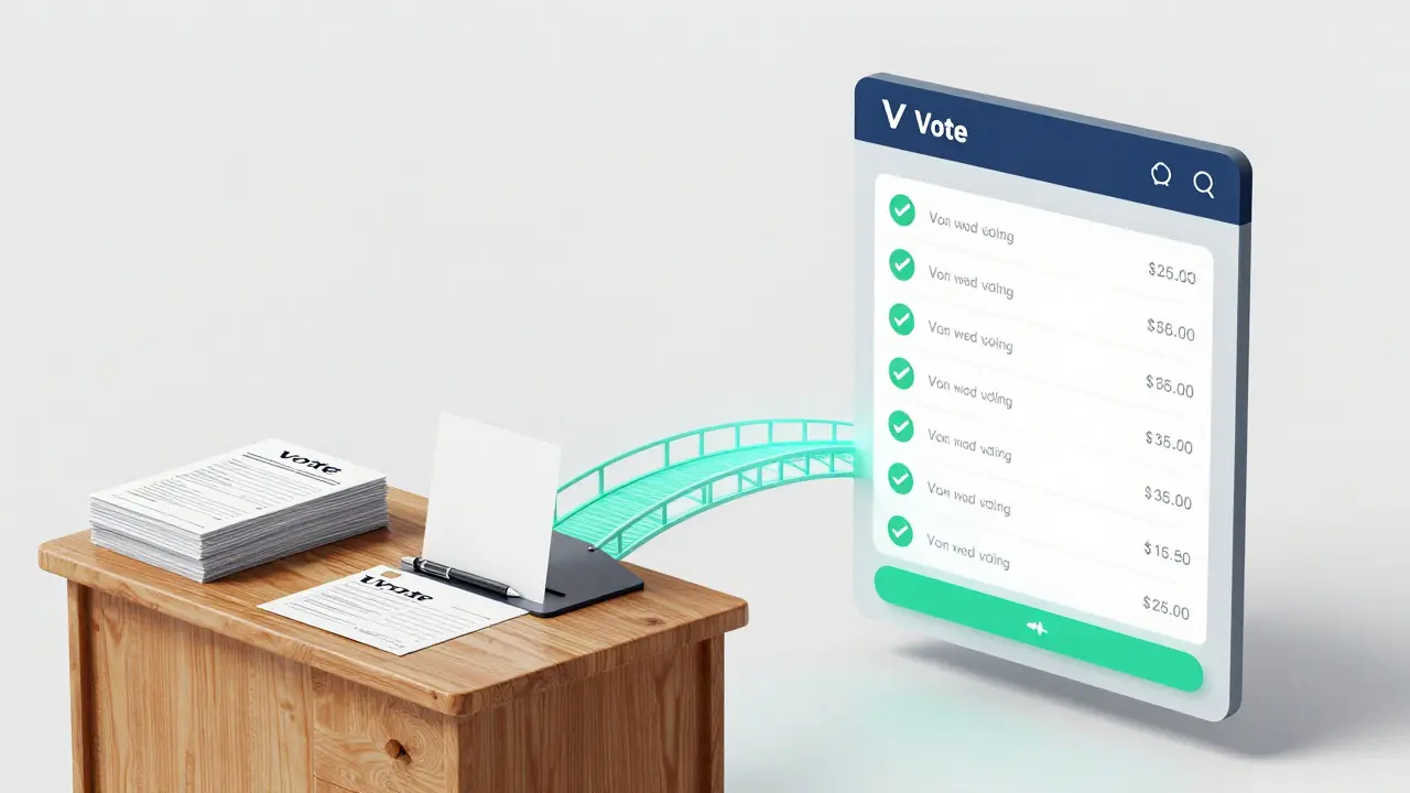 Konzeptbild: Übergang von Papierformularen zu digitaler Abstimmung via Interface.