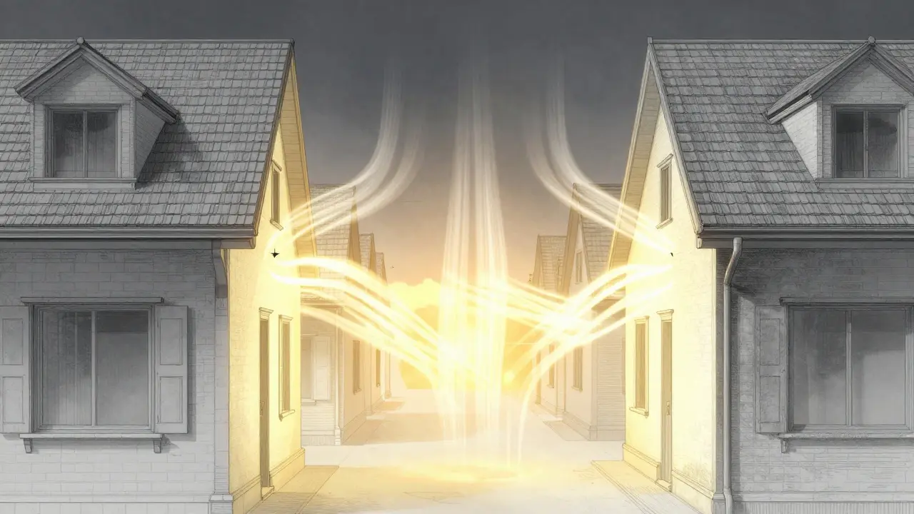 Konzeptionelle Darstellung von Licht und Luft zwischen zwei Gebäuden.