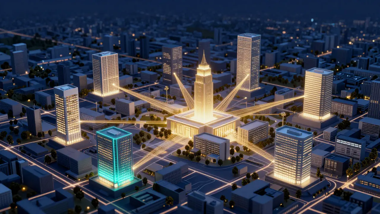 Konzeptionelle Darstellung von Studentenwohnheimen in einer Universitätsstadt.