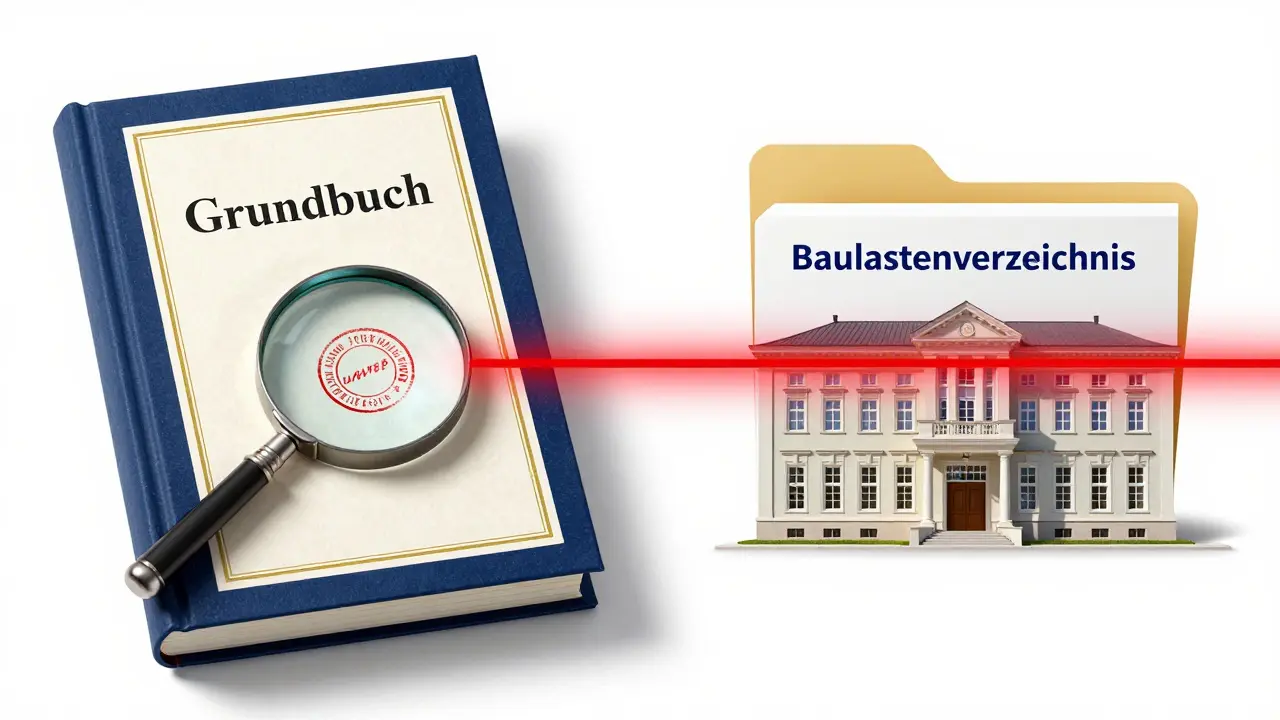 Konzeptionelle Gegenüberstellung von Grundbuch und Baulastenverzeichnis.