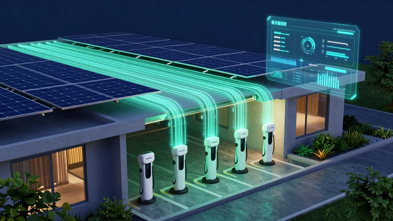 Konzeptuelle Darstellung von intelligentem Energiemanagement und Solarstrom für E-Autos