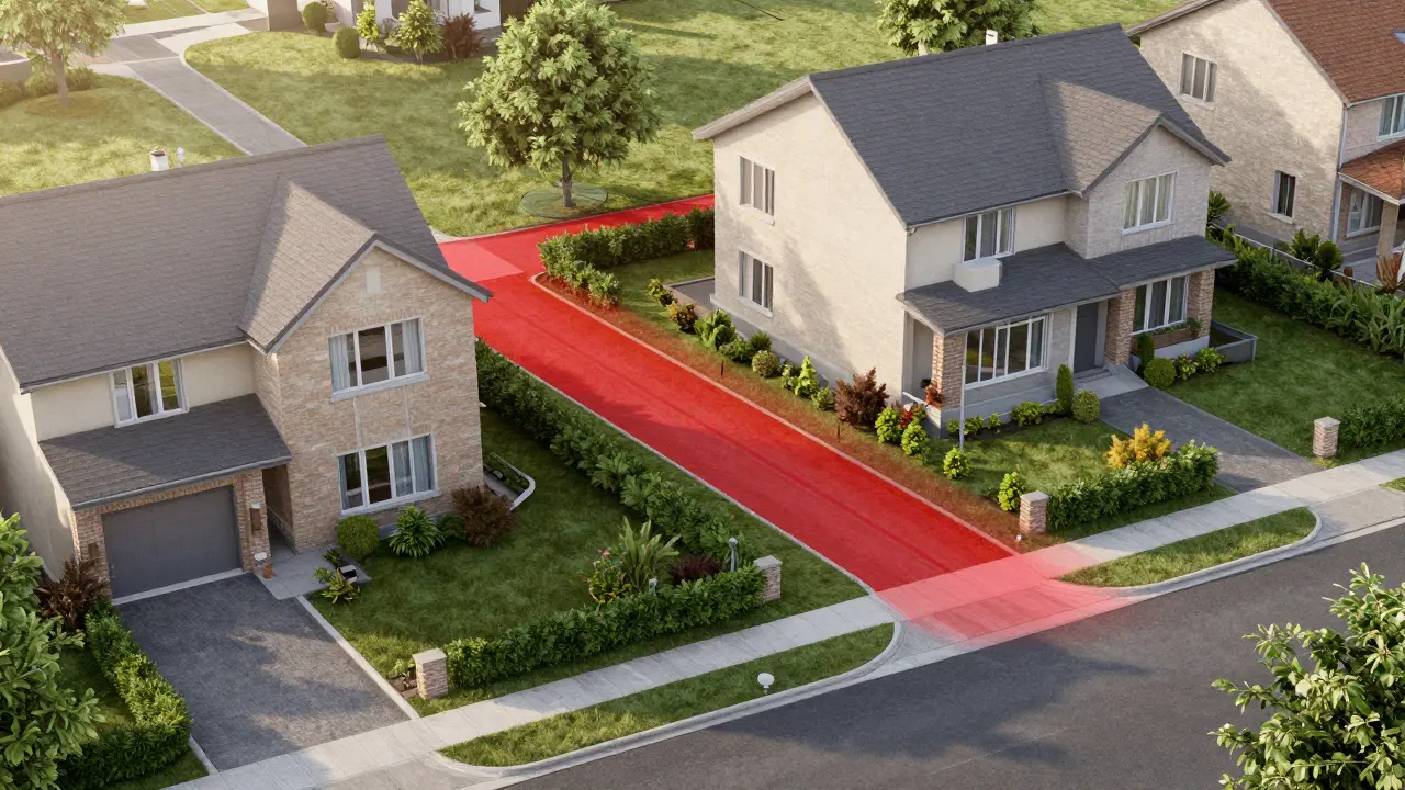 Luftaufnahme eines Grundstücks mit markiertem Wegerecht zur Straße.