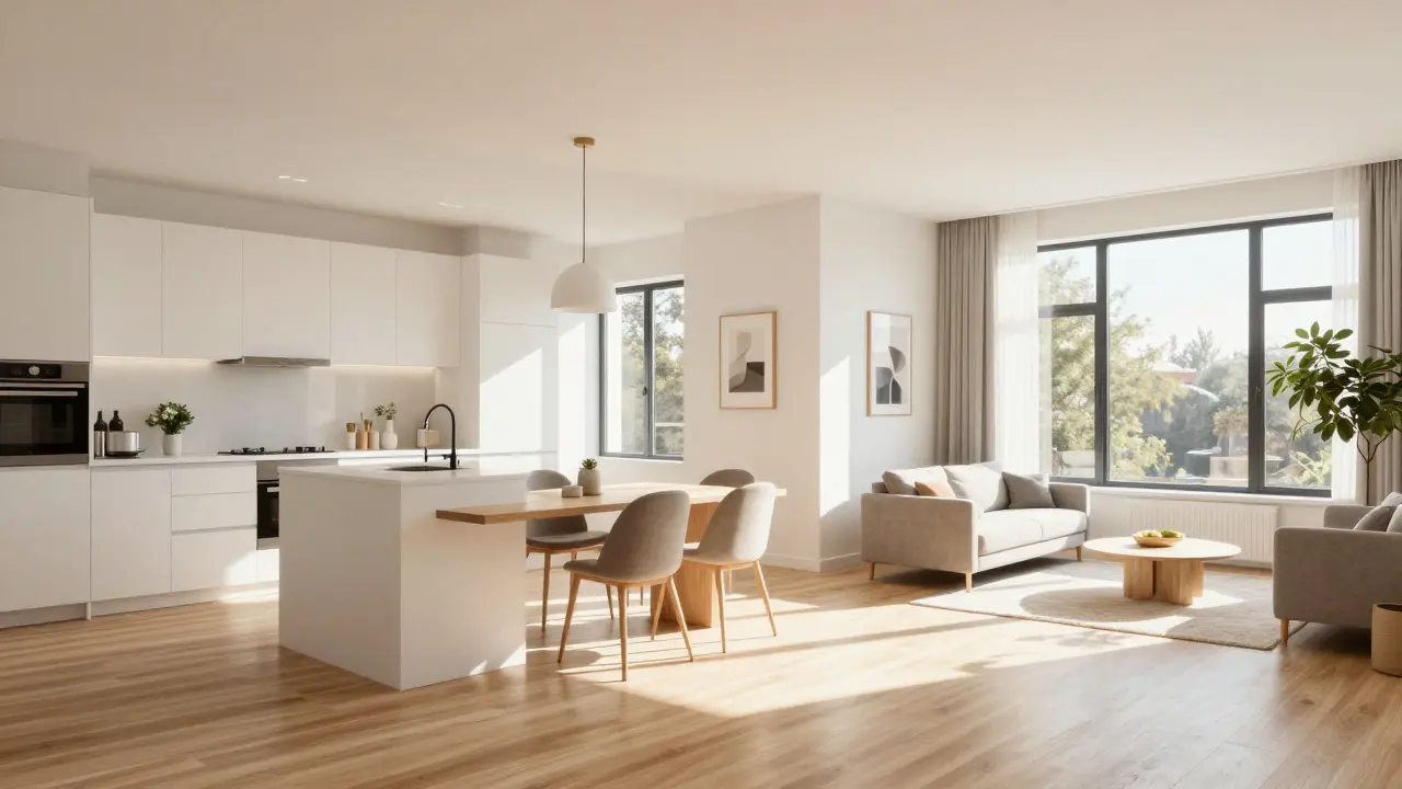 Moderner, offener Wohnbereich mit Küche und Wohnzimmer nach dem Umbau.